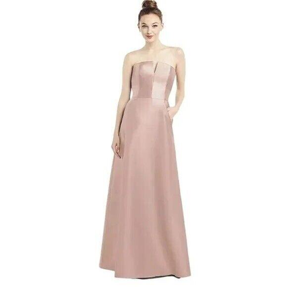 NWT Alfred Sung Strapless Notch Satin Twill Maxi Dress Pockets 2 Toasted Sugar - Picture 1 of 12